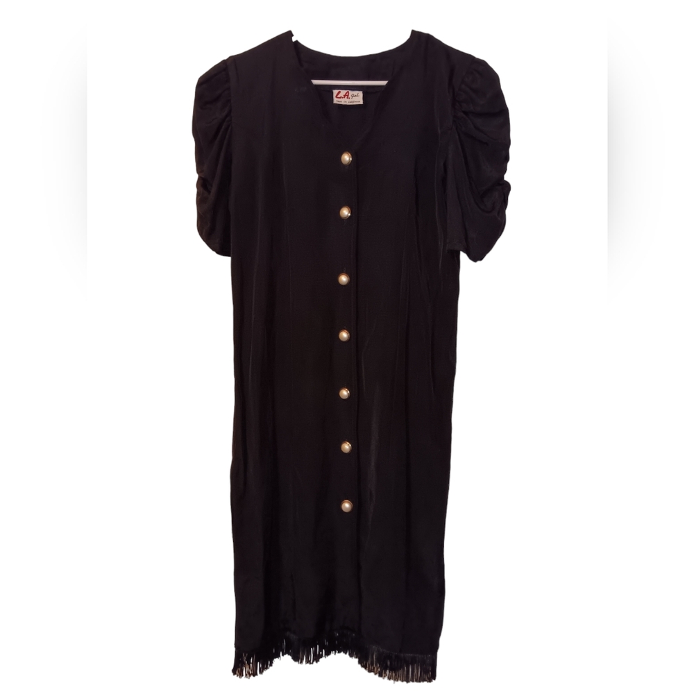 Vtg Los Angeles Gal Button Up Midi Dress V-Neck Short Puffy Sleeves Black Fringe